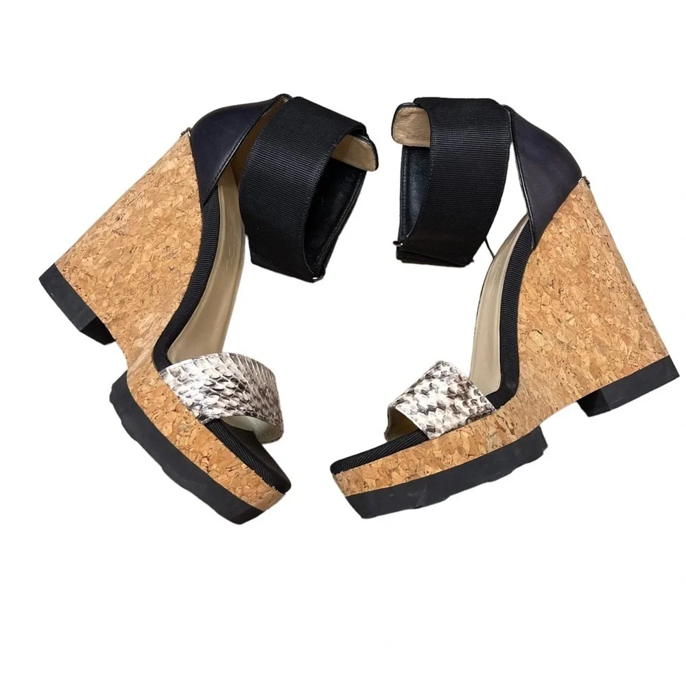 Jimmy Choo Neston Snakeskin Cork Wedge Sandals Velcro Strap Sz 37
